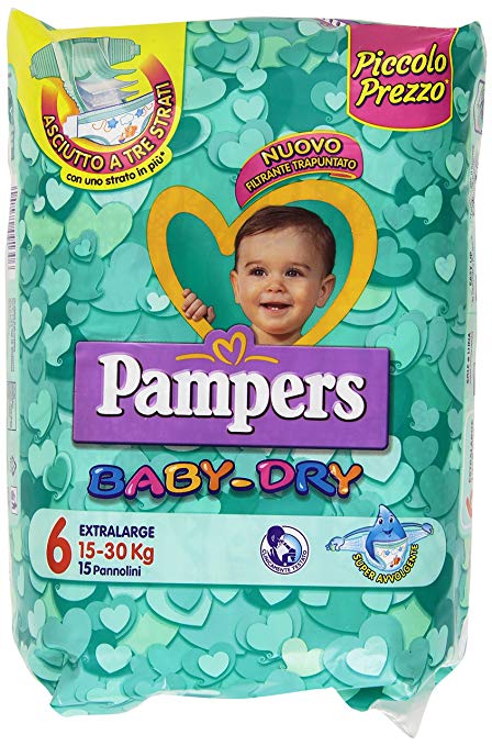 Pannolini Pampers Baby Dry Extra Large, Taglia 6 (15-30 Kg), 15 Pezzi