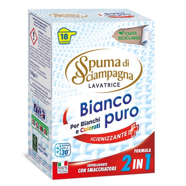 Spuma di Sciampagna Lavatrice in Polvere Bianco Puro Igienizzante per Bianchi e Colorati 1 kg