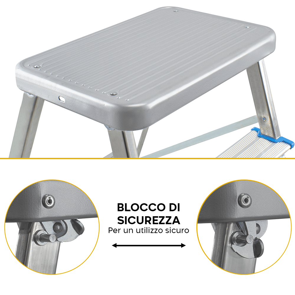 Sgabello A Scaletta Pieghevole In Acciaio 3 Gradini, Made In Italy, Pedata 20x30 Cm, Carico 100 Kg, Con Fermo Di Sicurezza E Piedini Antiscivolo